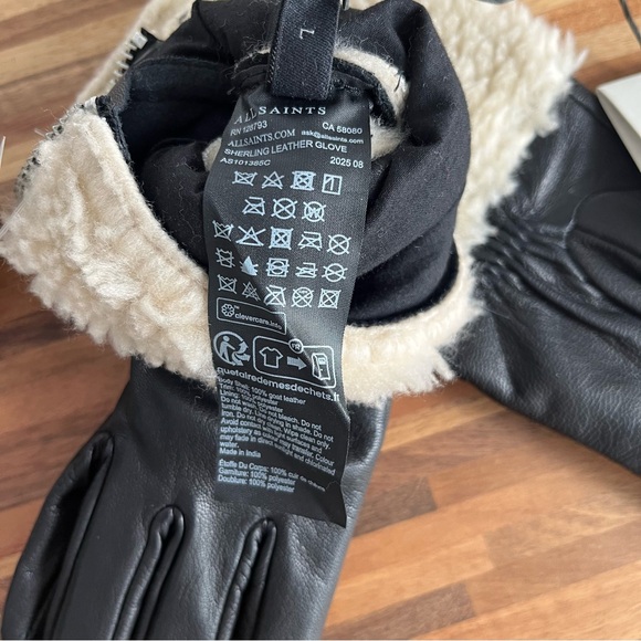 AllSaints Shearling Black Leather Gloves with Ecru Shearling cuff Zipper details - Picture 12 of 13